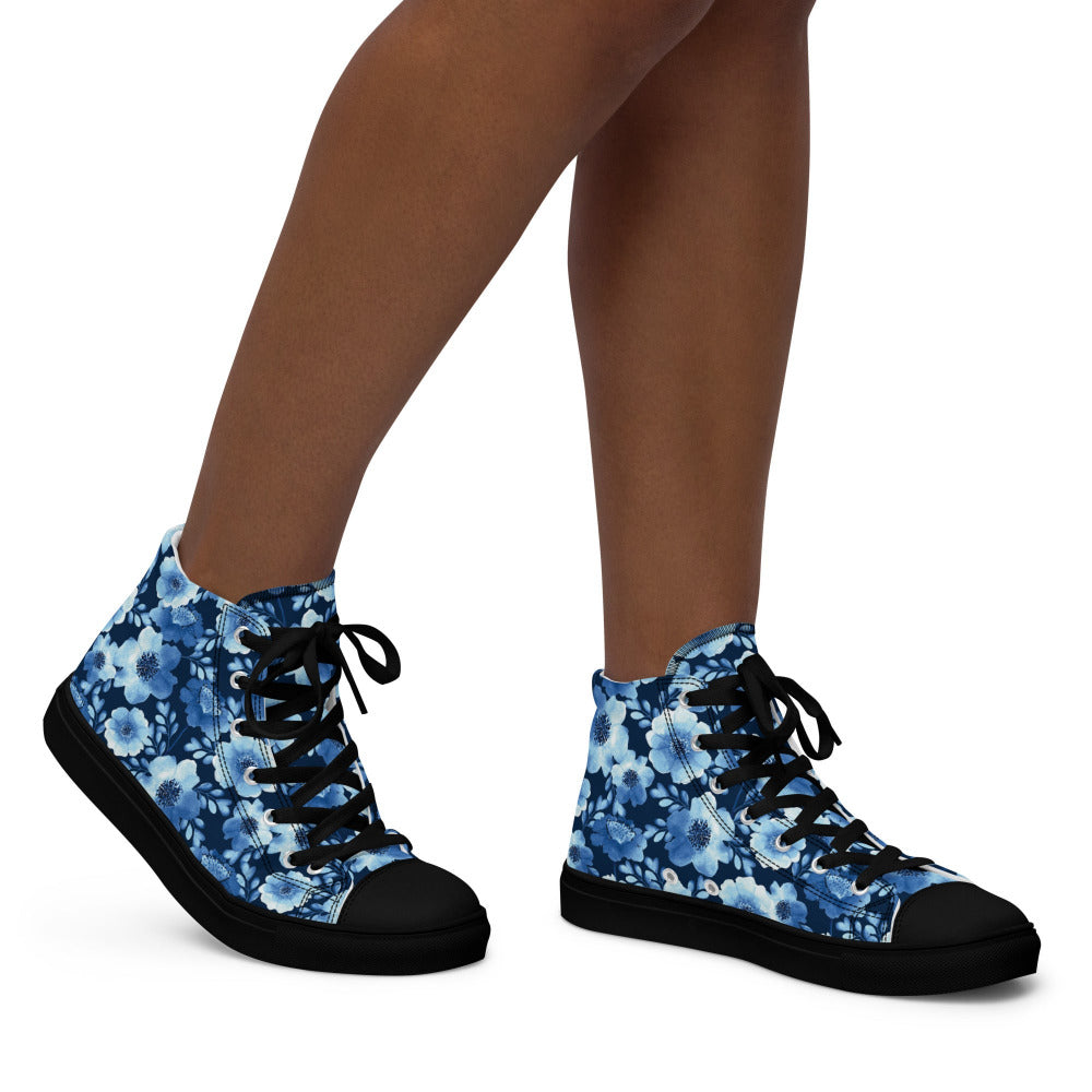 True Blue Floral Women’s High Top Sneakers - Black Color - https://ascensionemporium.net